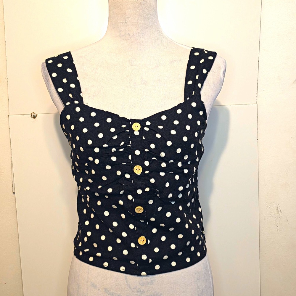 Monteau Linen Blend Polka Dot Smocked Button Front Cami Top Women's XL